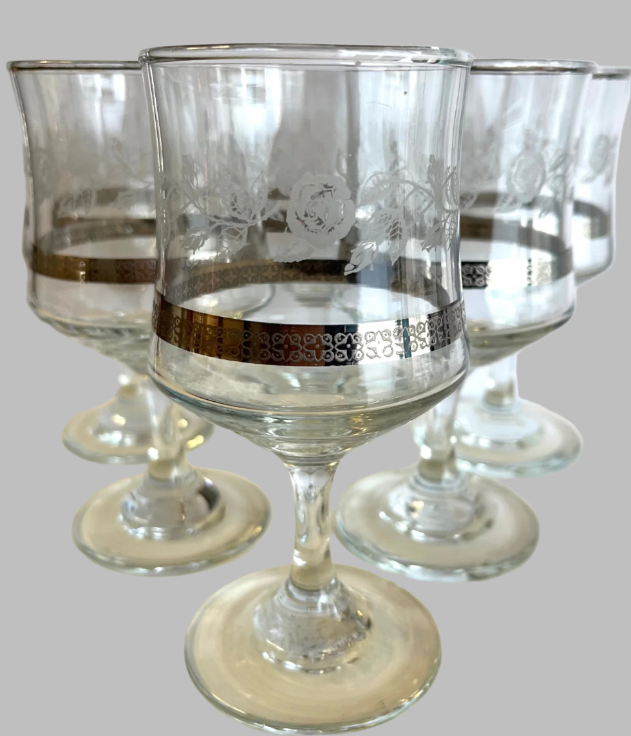 Vintage Etched Rose and Silver Rim Wine Glasses