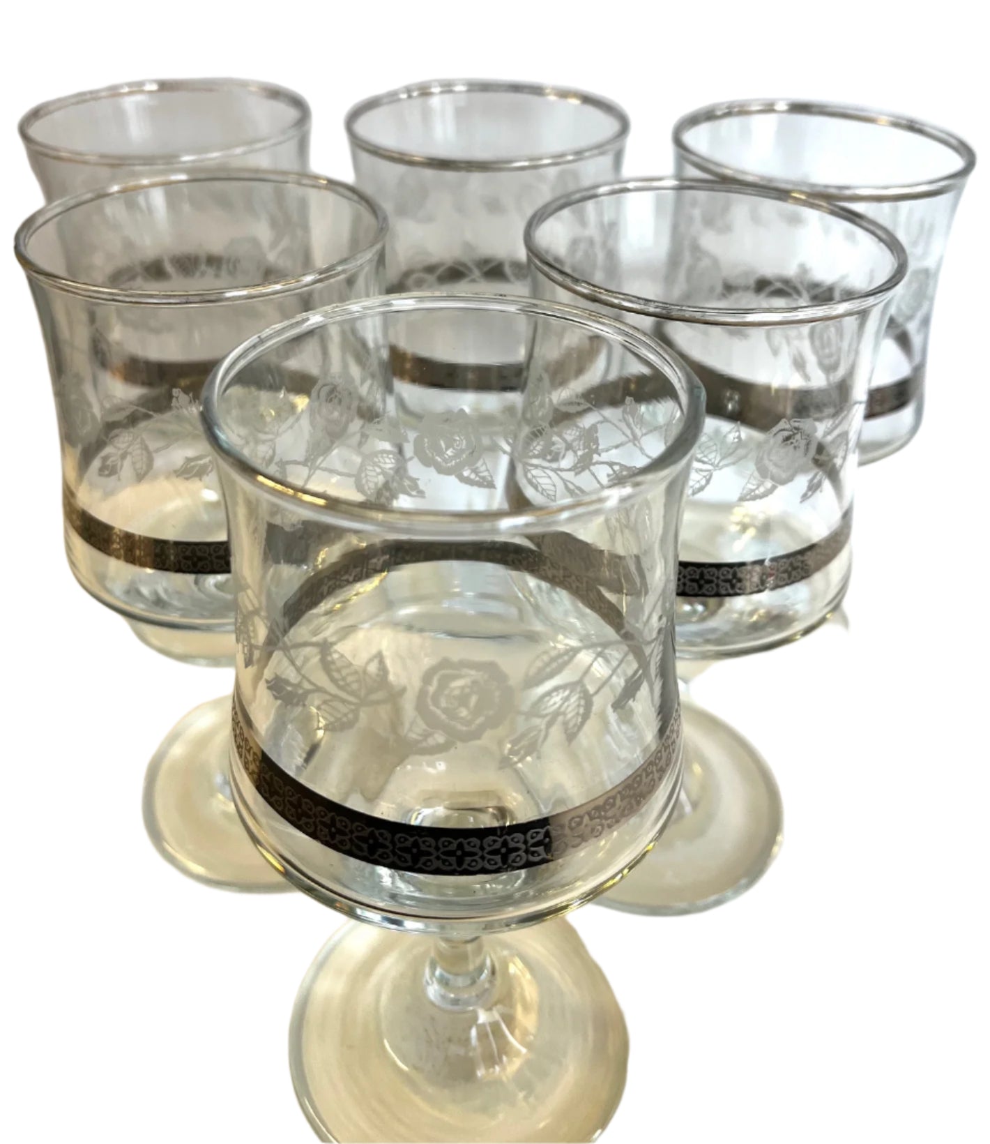 Vintage Etched Rose and Silver Rim Wine Glasses