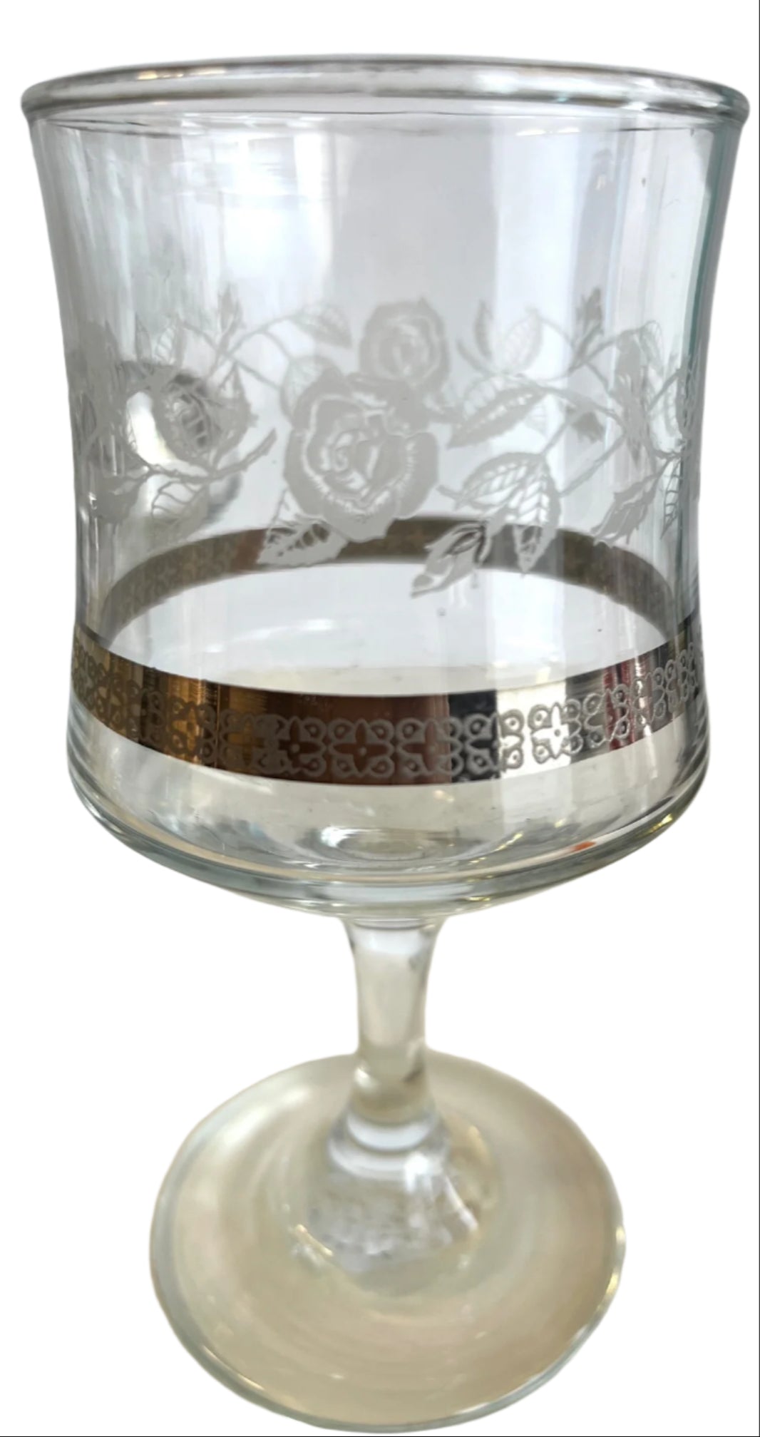 Vintage Etched Rose and Silver Rim Wine Glasses