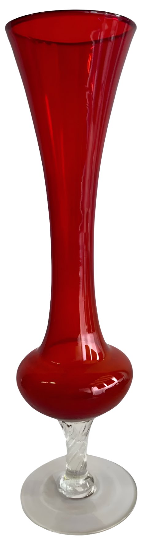Red Glass Vase With Clear Cut Glass Pedestal