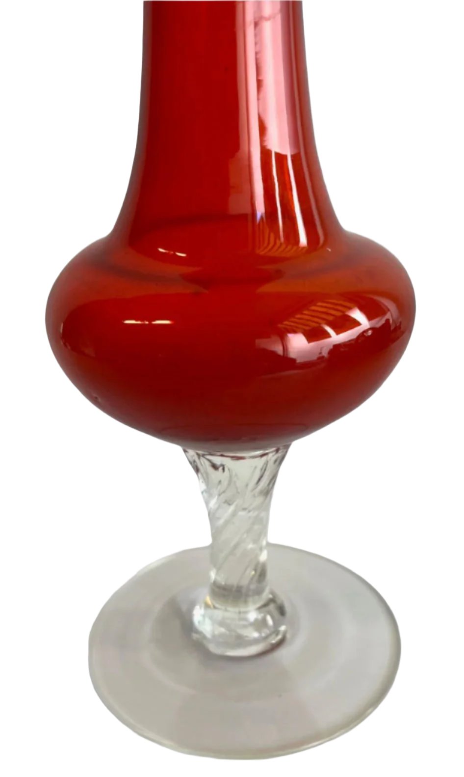 Red Glass Vase With Clear Cut Glass Pedestal