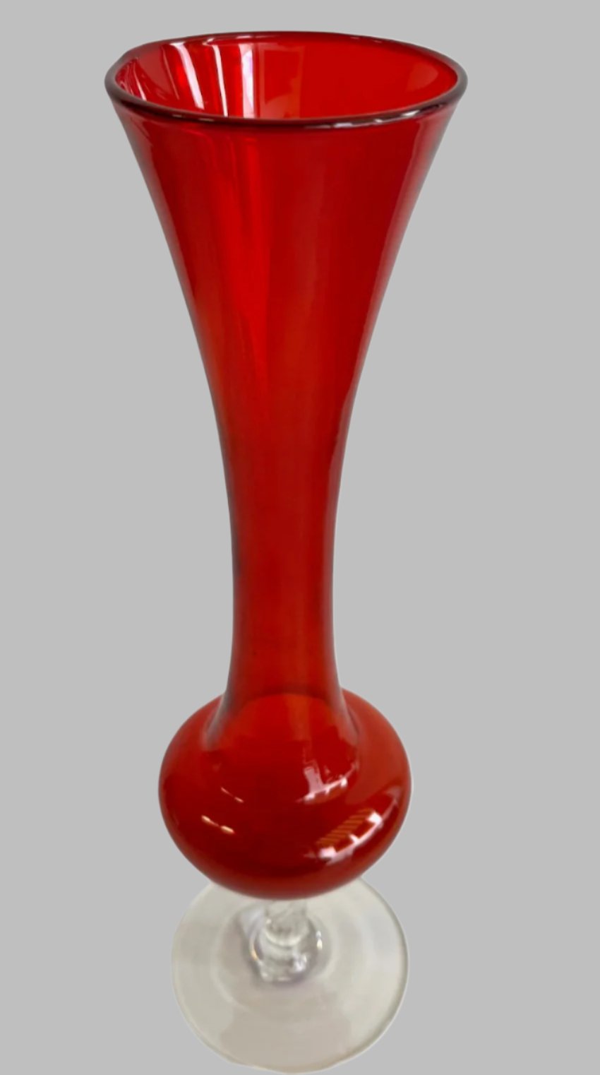 Red Glass Vase With Clear Cut Glass Pedestal