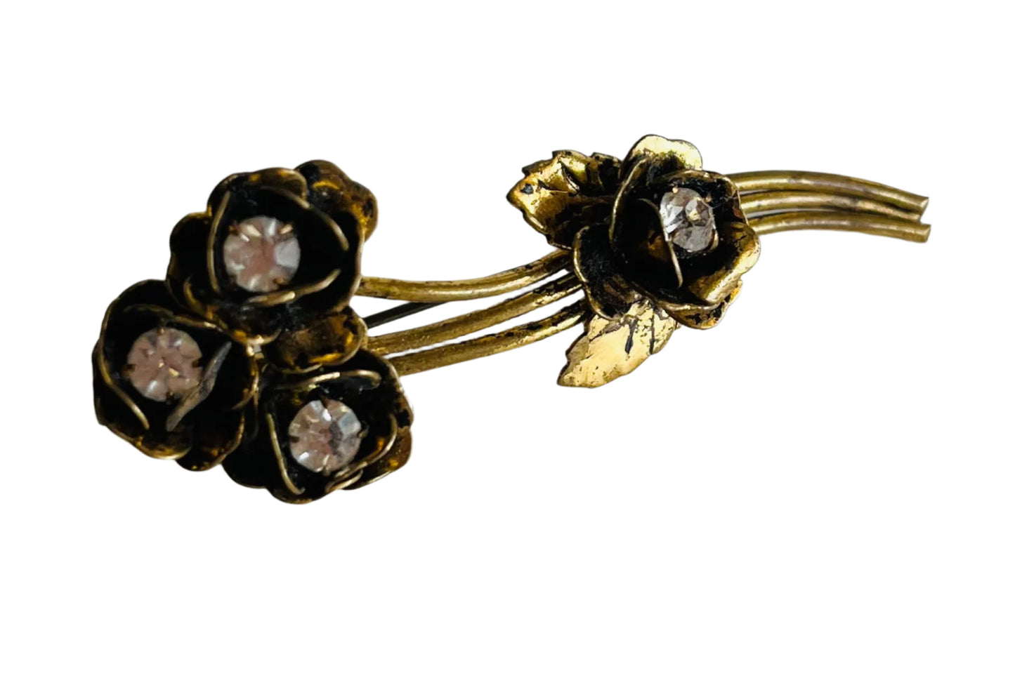 Black Enamel And Rhinestones Gold Tone Brooch
