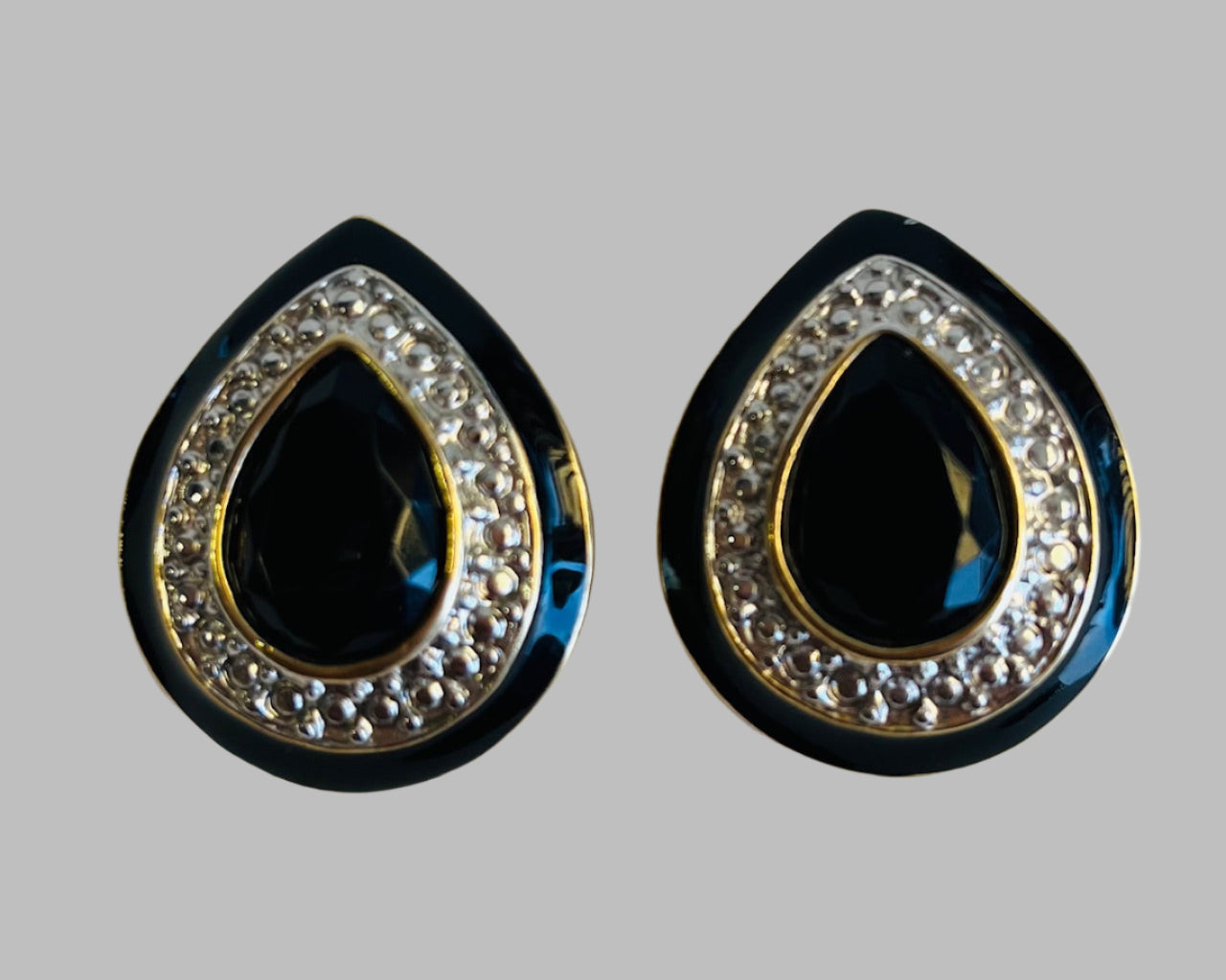Gold Tone, Black Enamel And Clear Rhinestones Clip On Tear Drop Earrings