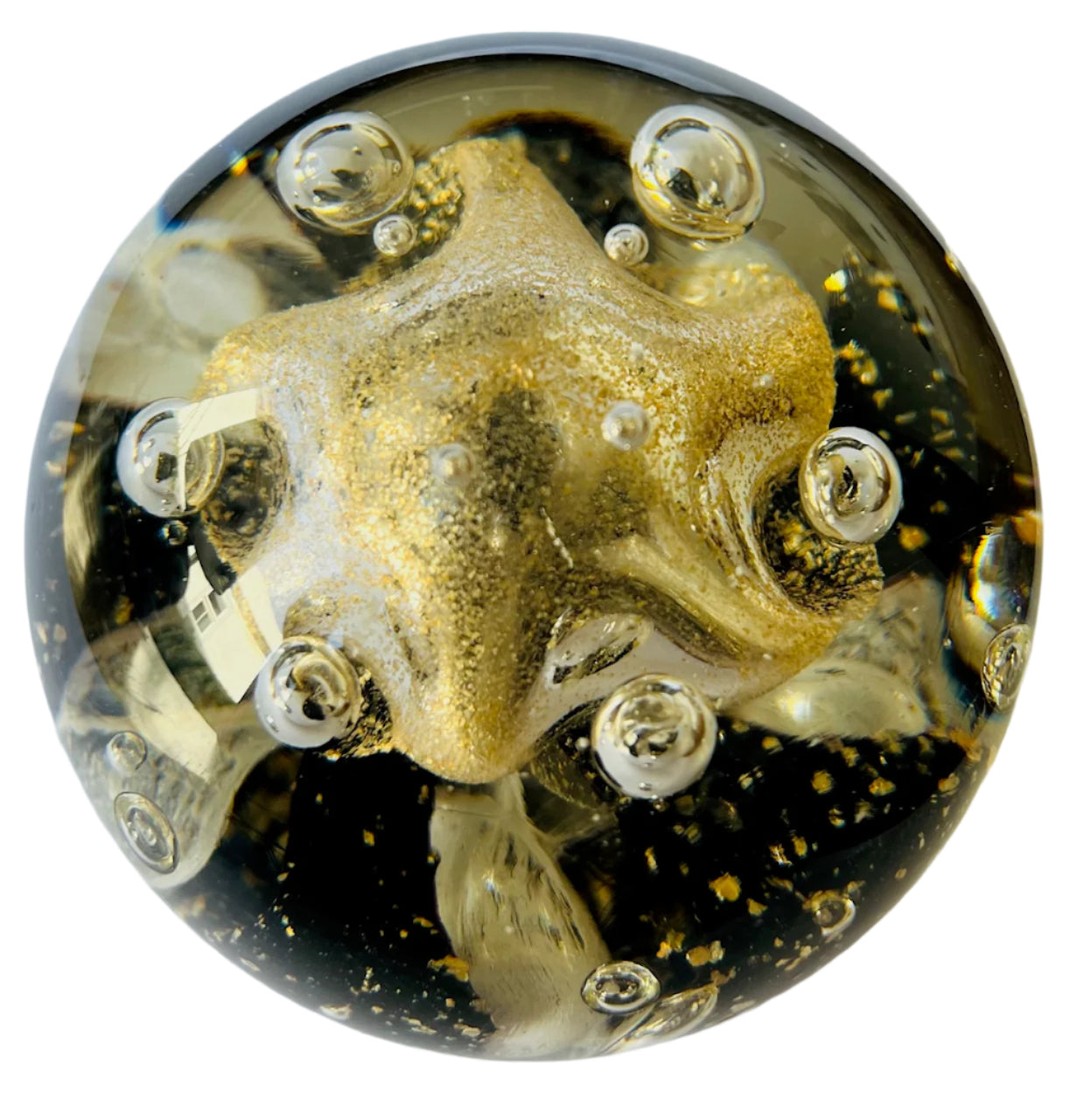 Art Glass Paperweight With Starfish And Gold Flakes