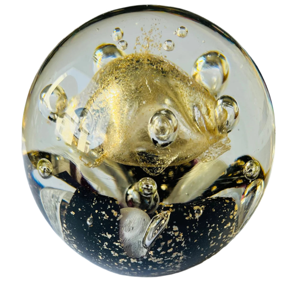 Art Glass Paperweight With Starfish And Gold Flakes