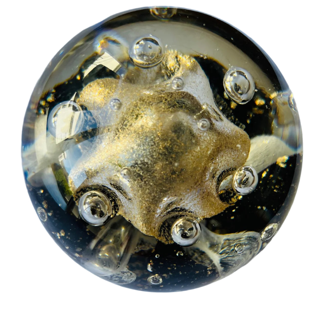 Art Glass Paperweight With Starfish And Gold Flakes