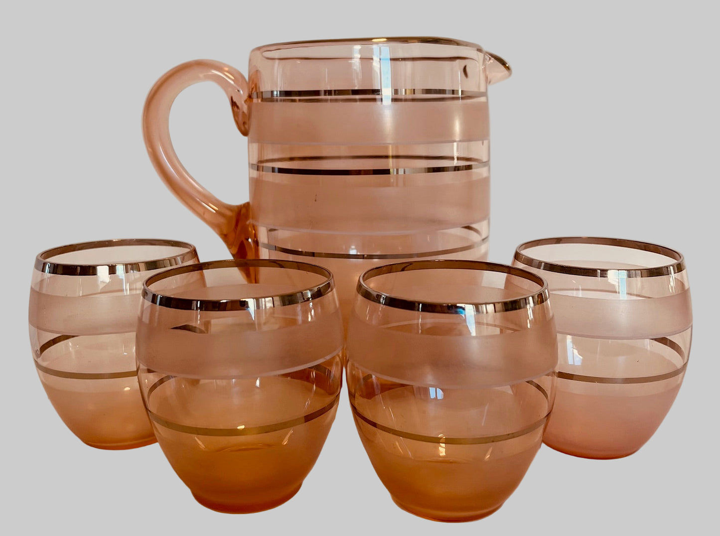 Vintage Pink Glass Jug And 4 Glasses