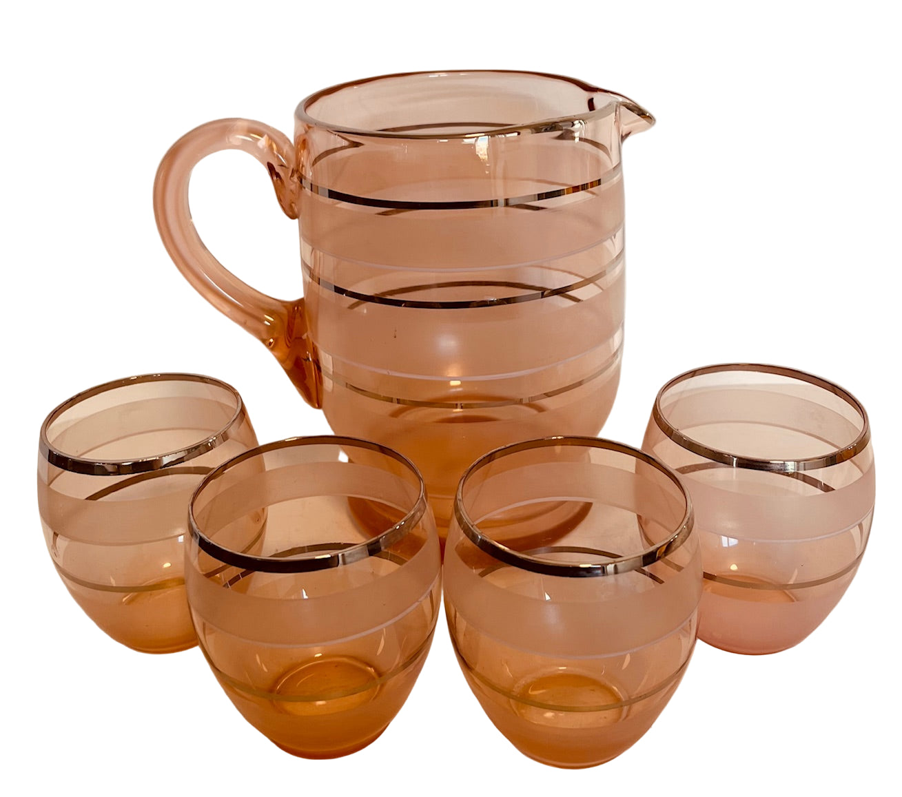 Vintage Pink Glass Jug And 4 Glasses