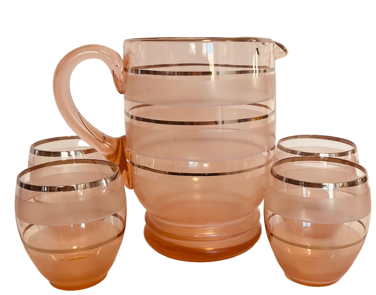 Vintage Pink Glass Jug And 4 Glasses