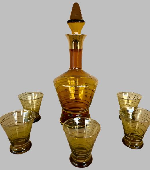 Bohemia Amber Glass Decanter And 5 Glasses