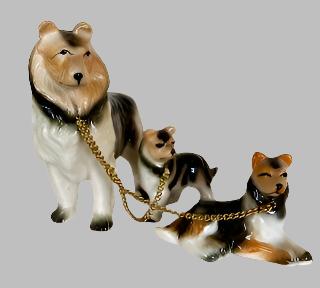 Vintage China Collie Dog w/ 2 Pups On Chain