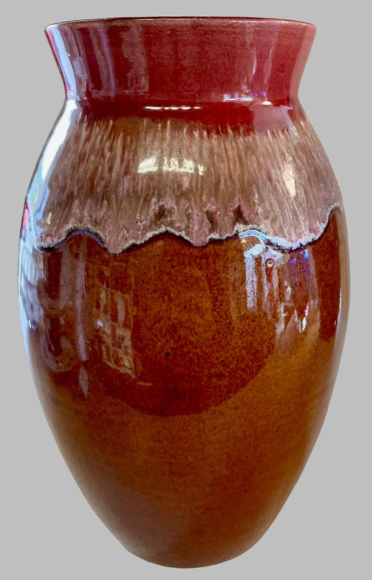 Brown Ceramic Vase With a Red/Pink Drip Glaze