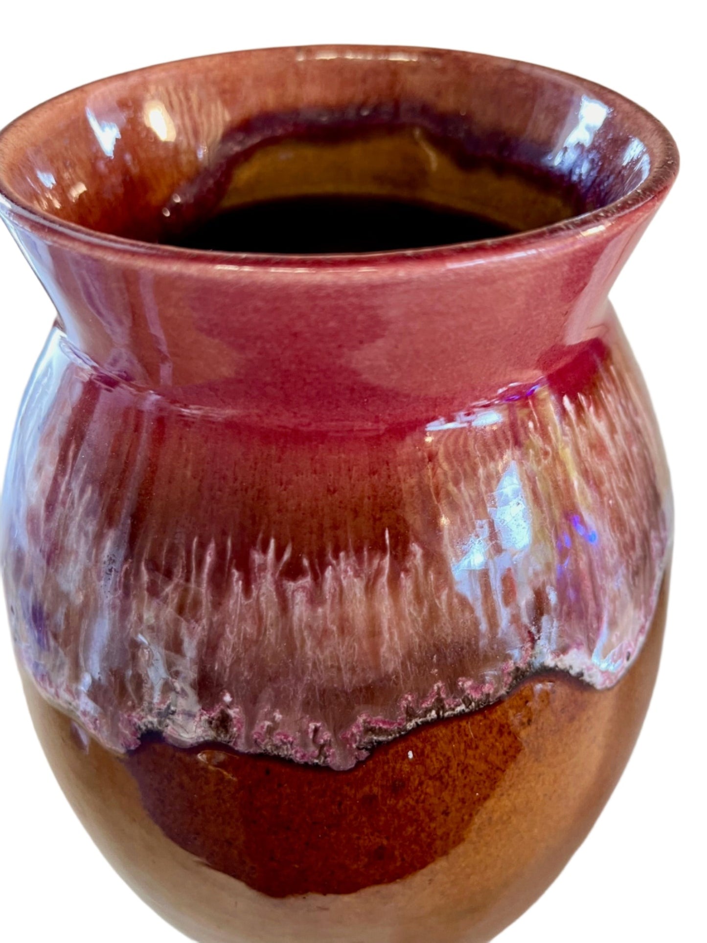 Brown Ceramic Vase With a Red/Pink Drip Glaze