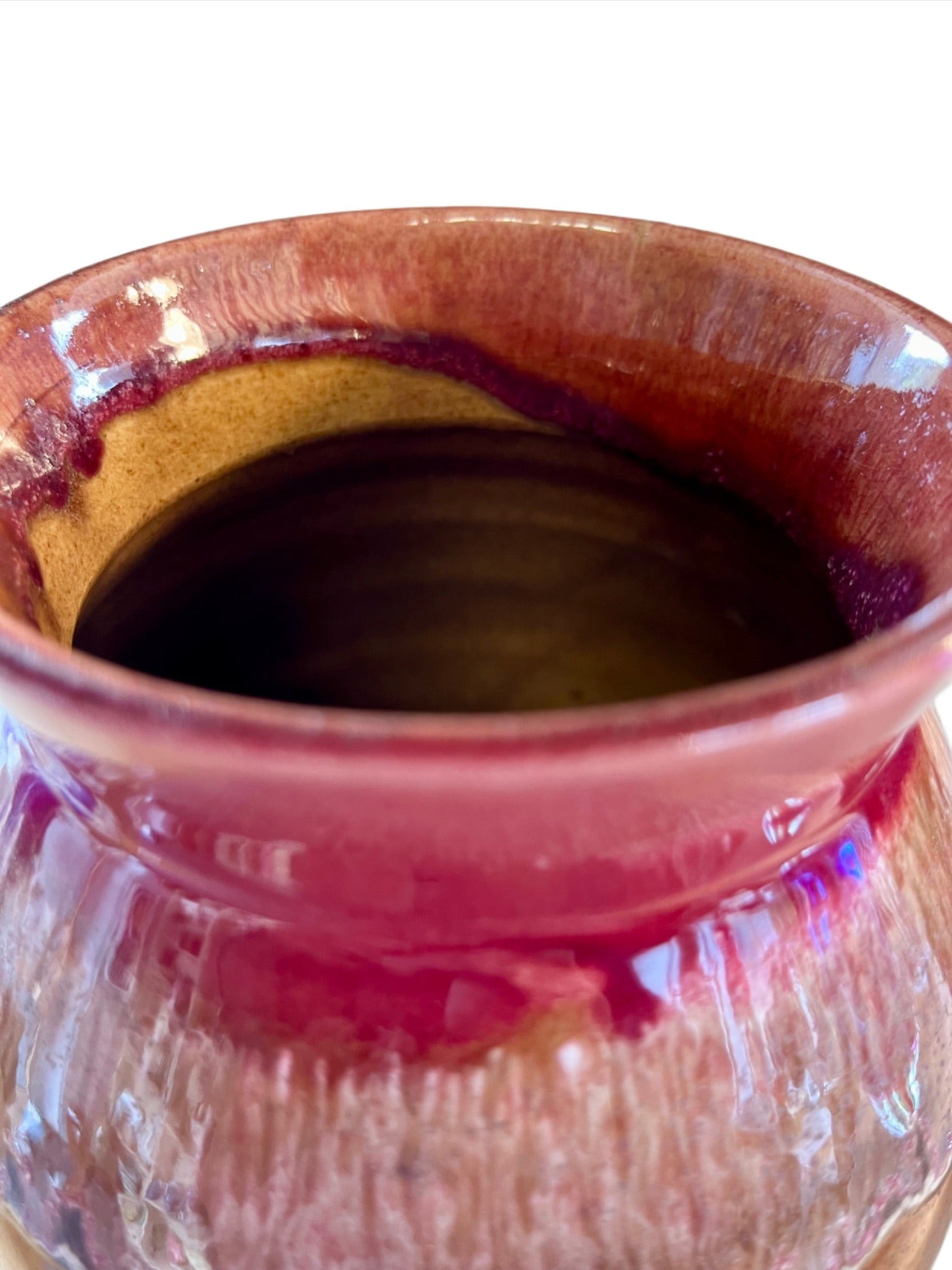 Brown Ceramic Vase With a Red/Pink Drip Glaze