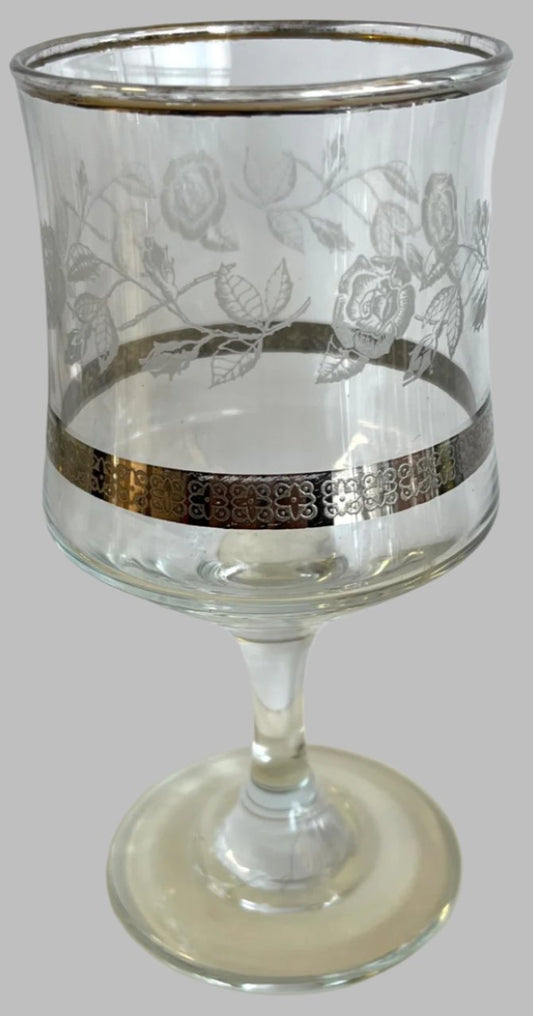 Vintage Etched Rose and Silver Rim Wine Glasses