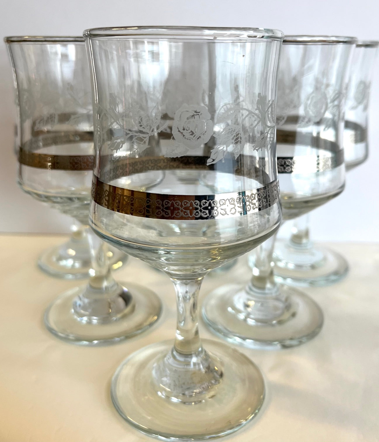 Vintage Etched Rose and Silver Rim Wine Glasses