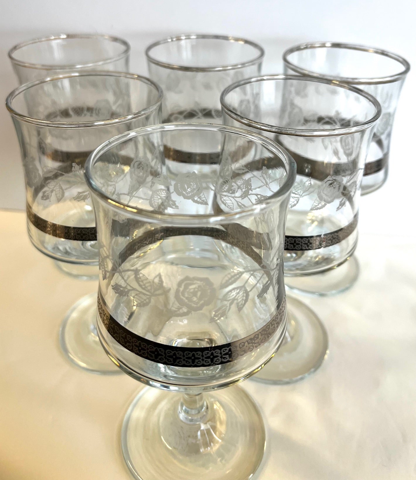 Vintage Etched Rose and Silver Rim Wine Glasses