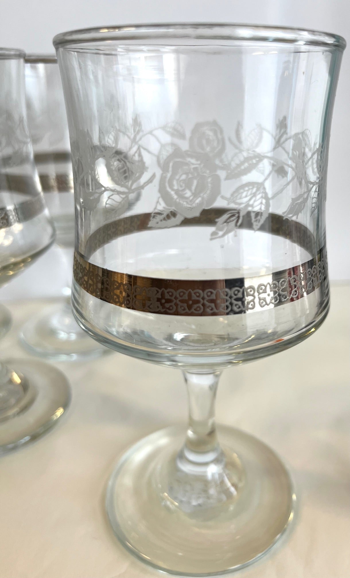 Vintage Etched Rose and Silver Rim Wine Glasses