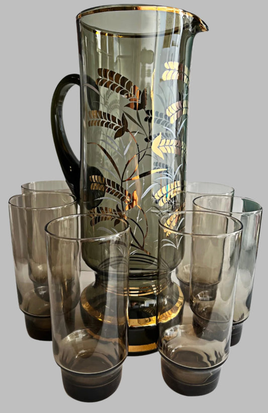 Czechoslovakia Bohemian Glass Jug and Six Glasses