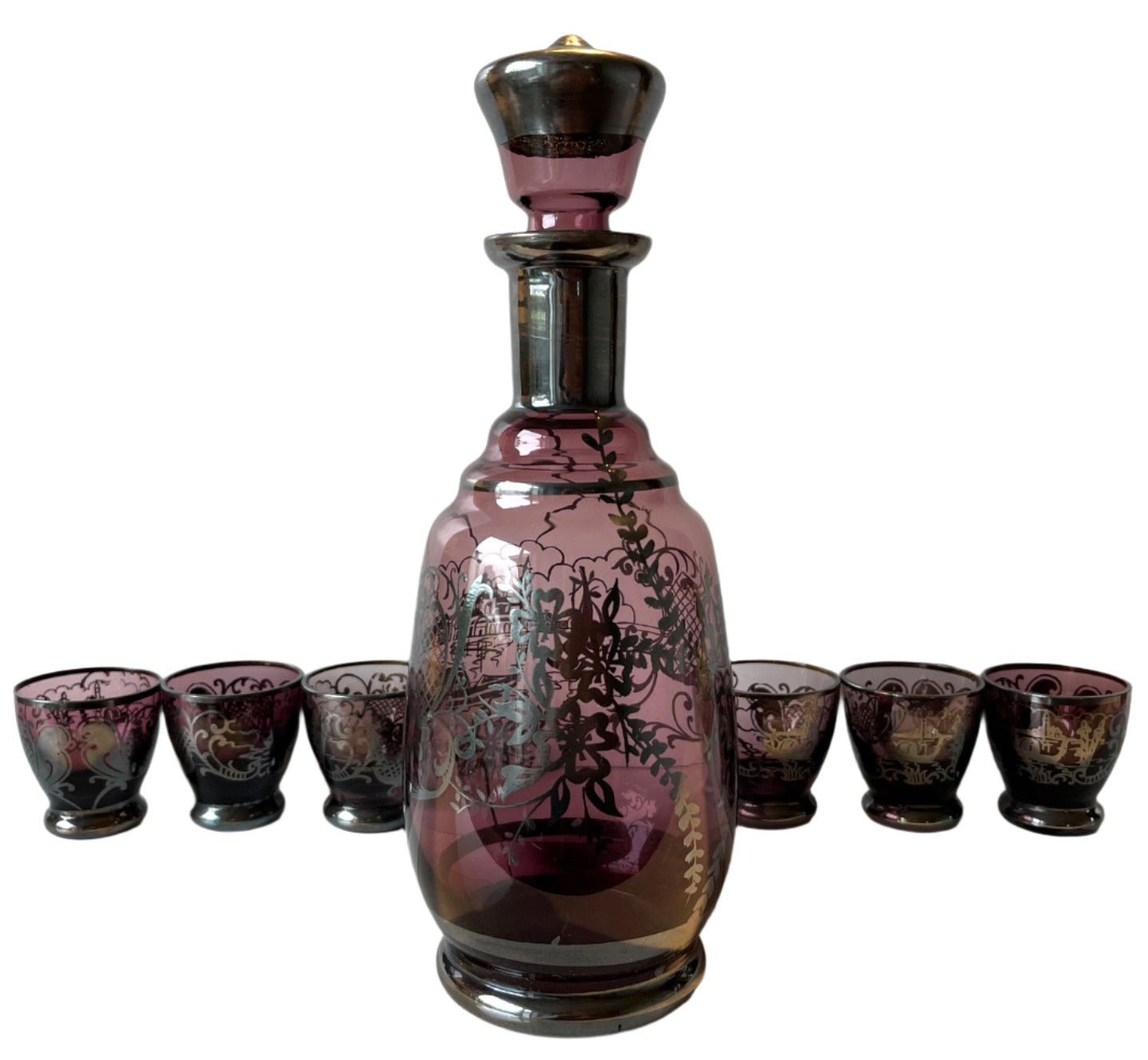 Purple Venetian Murano Glass Decanter Set And Glasses