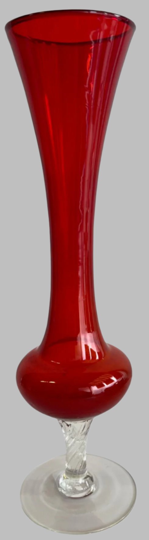 Red Glass Vase With Clear Cut Glass Pedestal