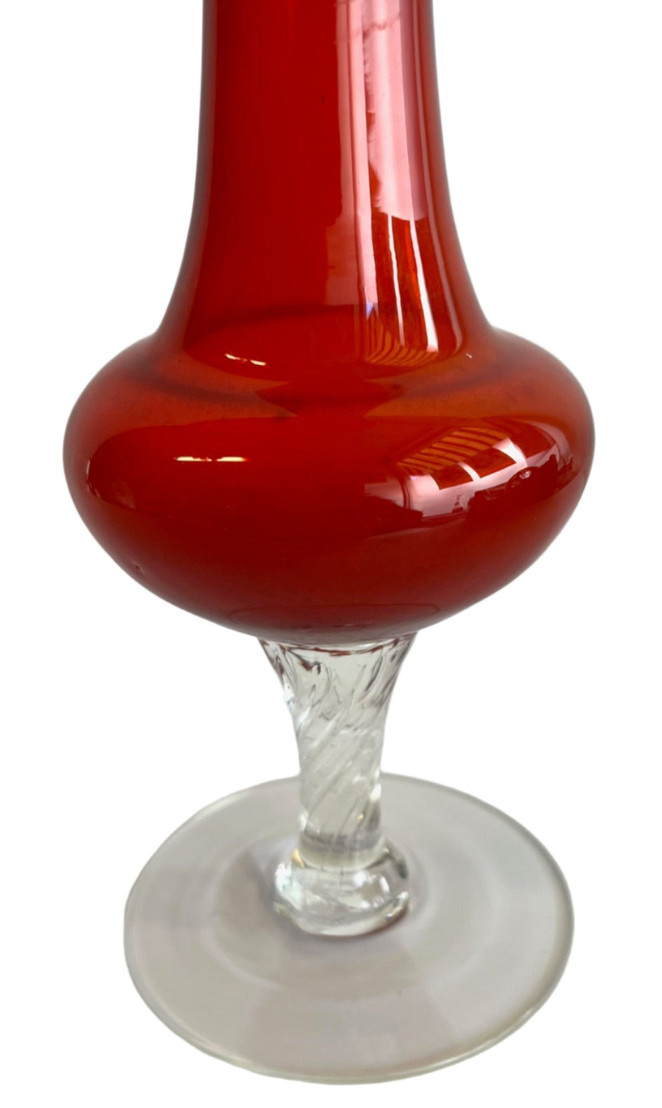 Red Glass Vase With Clear Cut Glass Pedestal