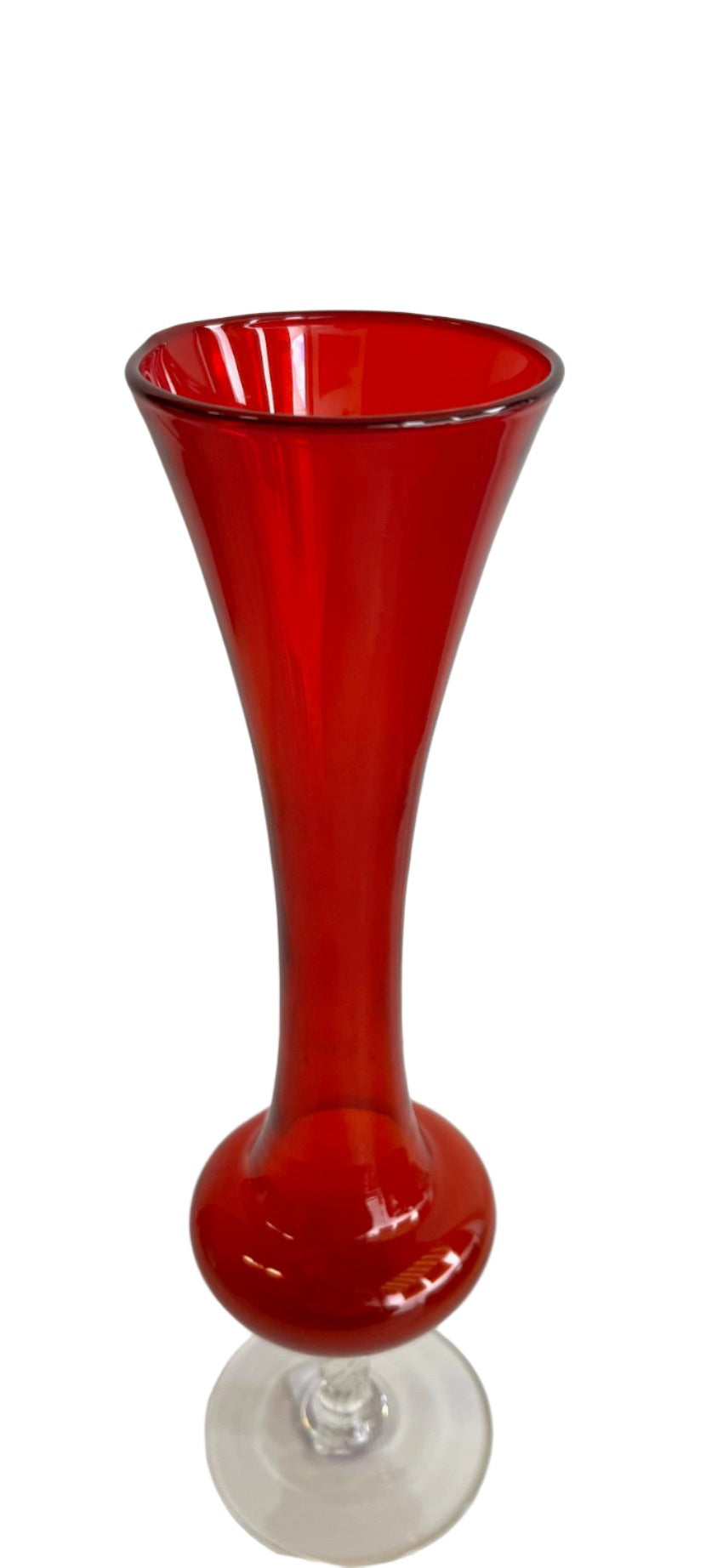 Red Glass Vase With Clear Cut Glass Pedestal