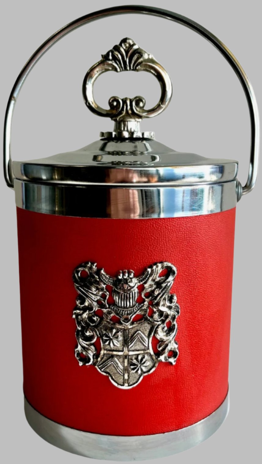 Red and Silver Mid Century Ice Bucket with Shield Crest