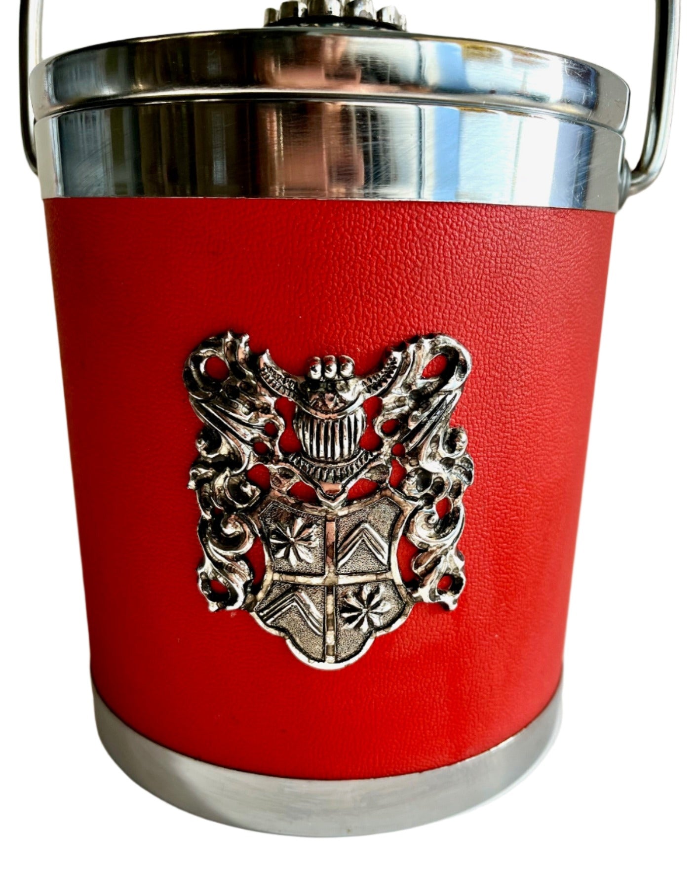 Red and Silver Mid Century Ice Bucket with Shield Crest