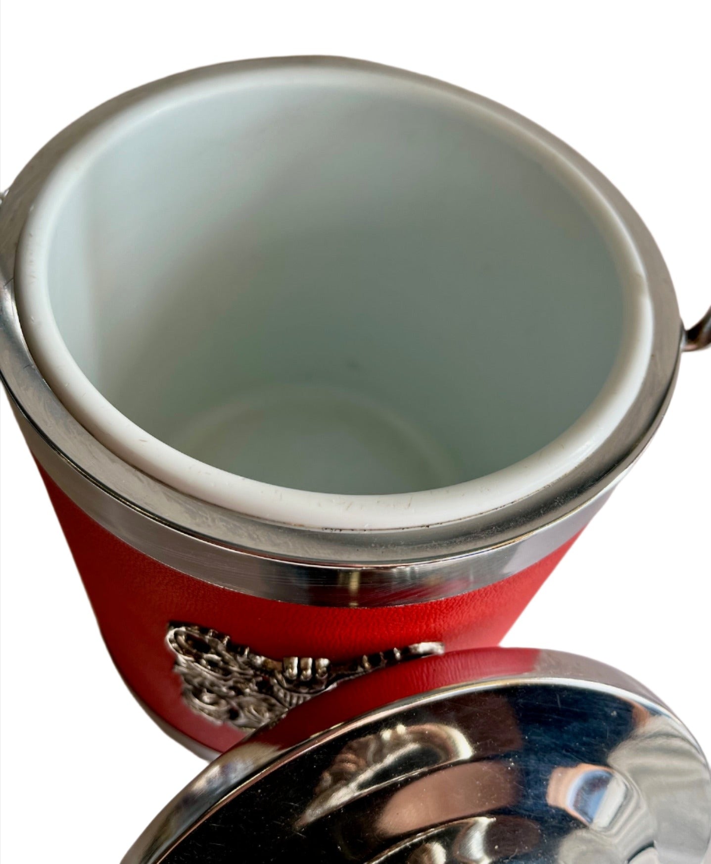 Red and Silver Mid Century Ice Bucket with Shield Crest