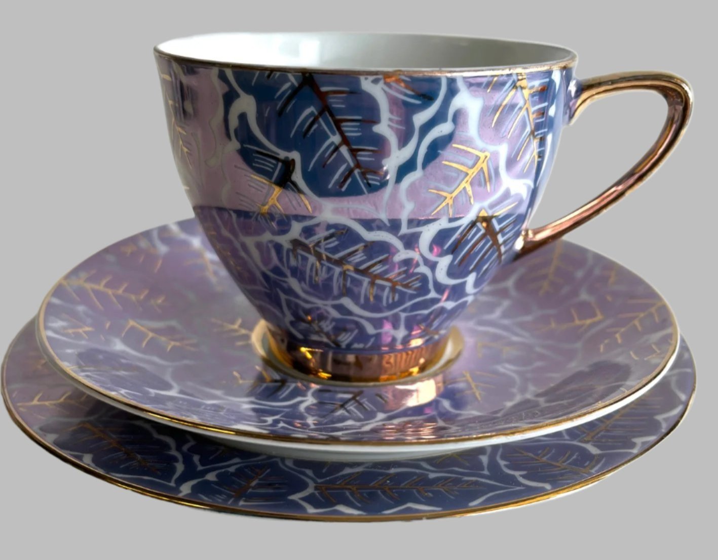 Stunning Vintage Blue and Gold Teacup Trio