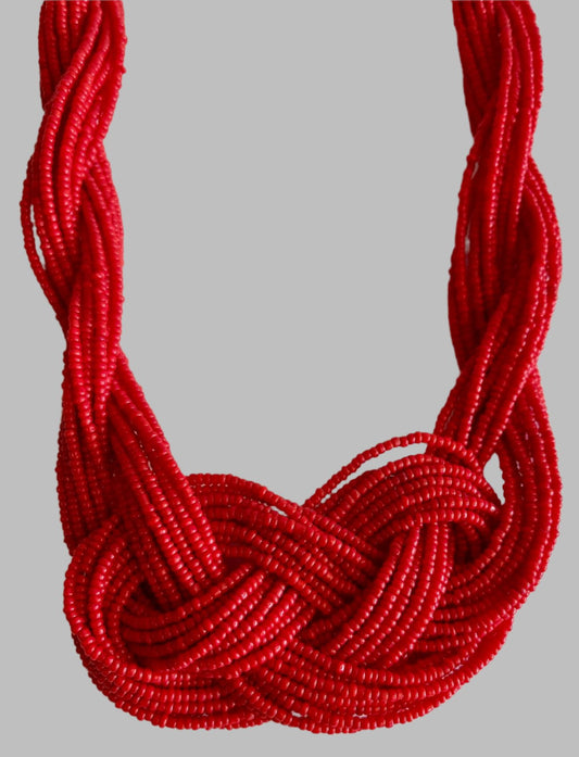 Red Glass Bead Braided Statement Necklace