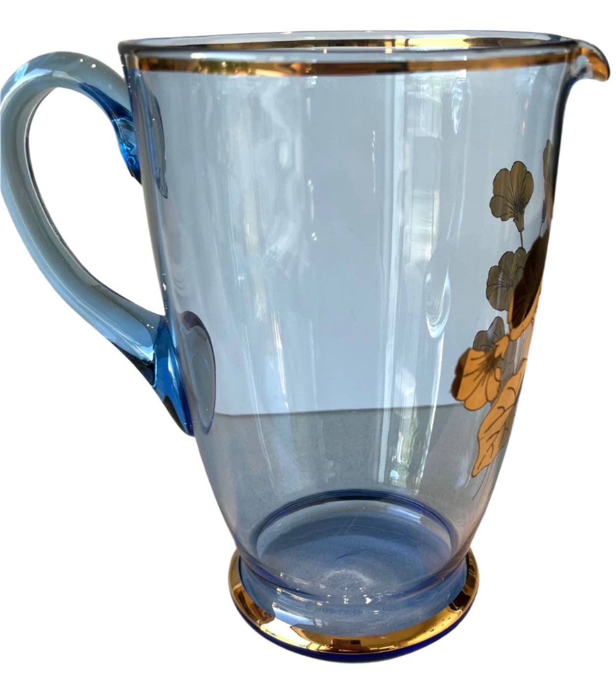 Retro 1950s Blue Glass & Gold Gingko Flowers Jug