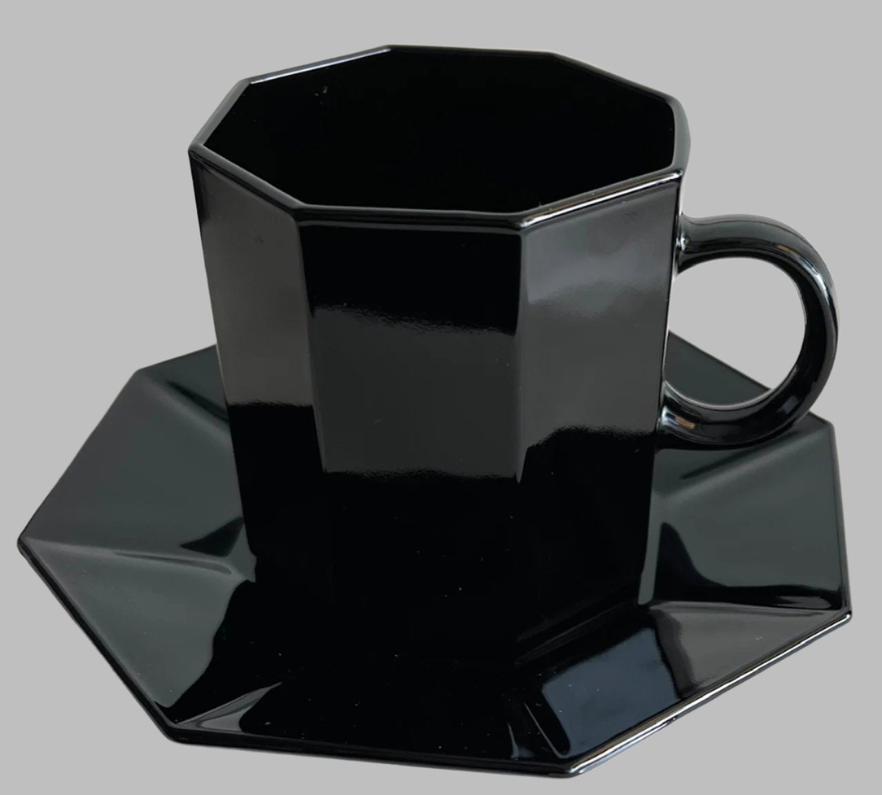 Arcoroc Octime Black Octagon Glass Cup and Saucer