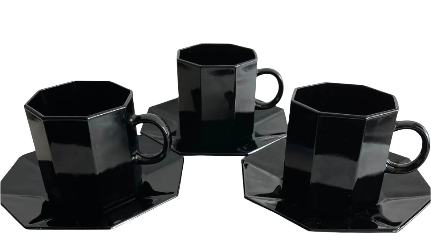 Arcoroc Octime Black Octagon Glass Cup and Saucer