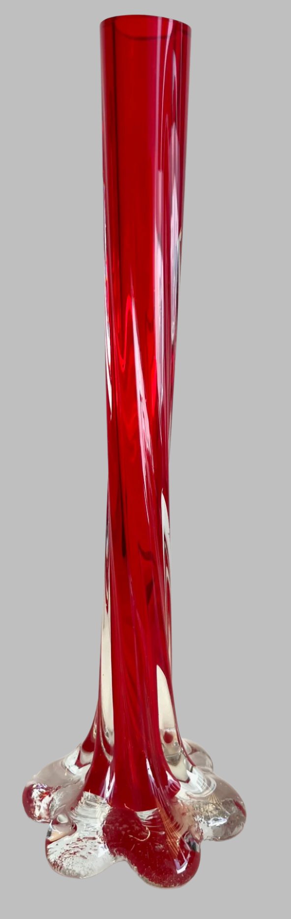 Mid-Century Red Elephant Foot Twist Bud Vase