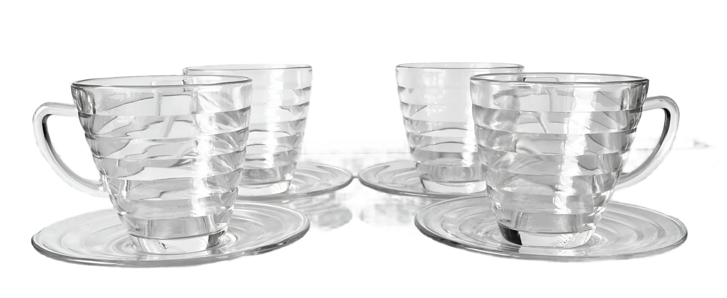 Vintage Duralex France Modernist Clear Glass Beehive Cups And Saucers