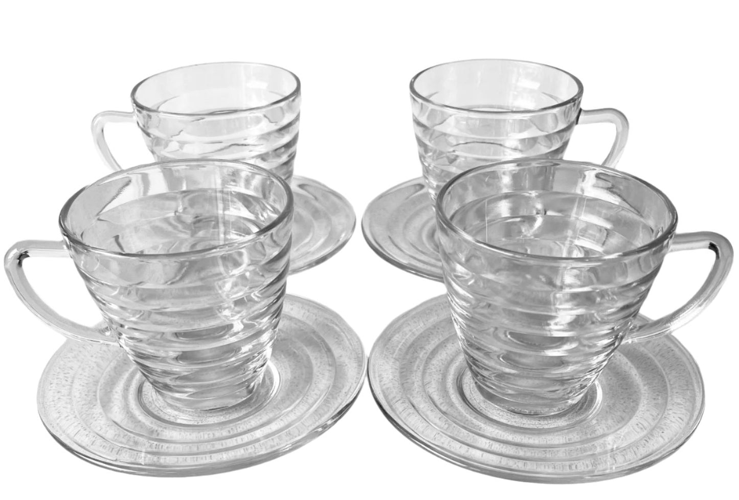 Vintage Duralex France Modernist Clear Glass Beehive Cups And Saucers