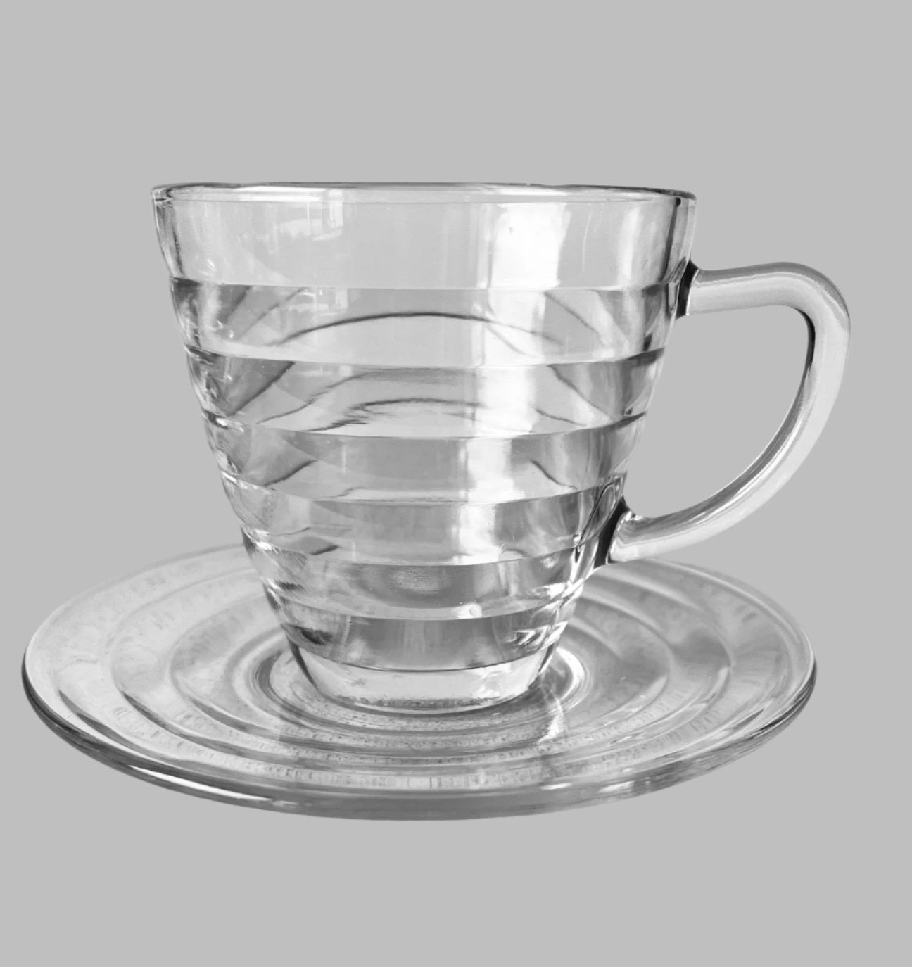 Vintage Duralex France Modernist Clear Glass Beehive Cups And Saucers