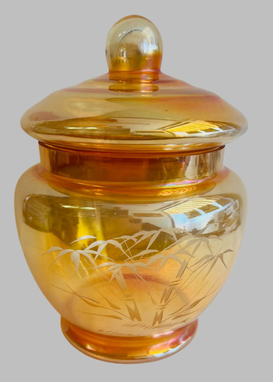 Marigold Carnival Glass Candy Dish with Lid