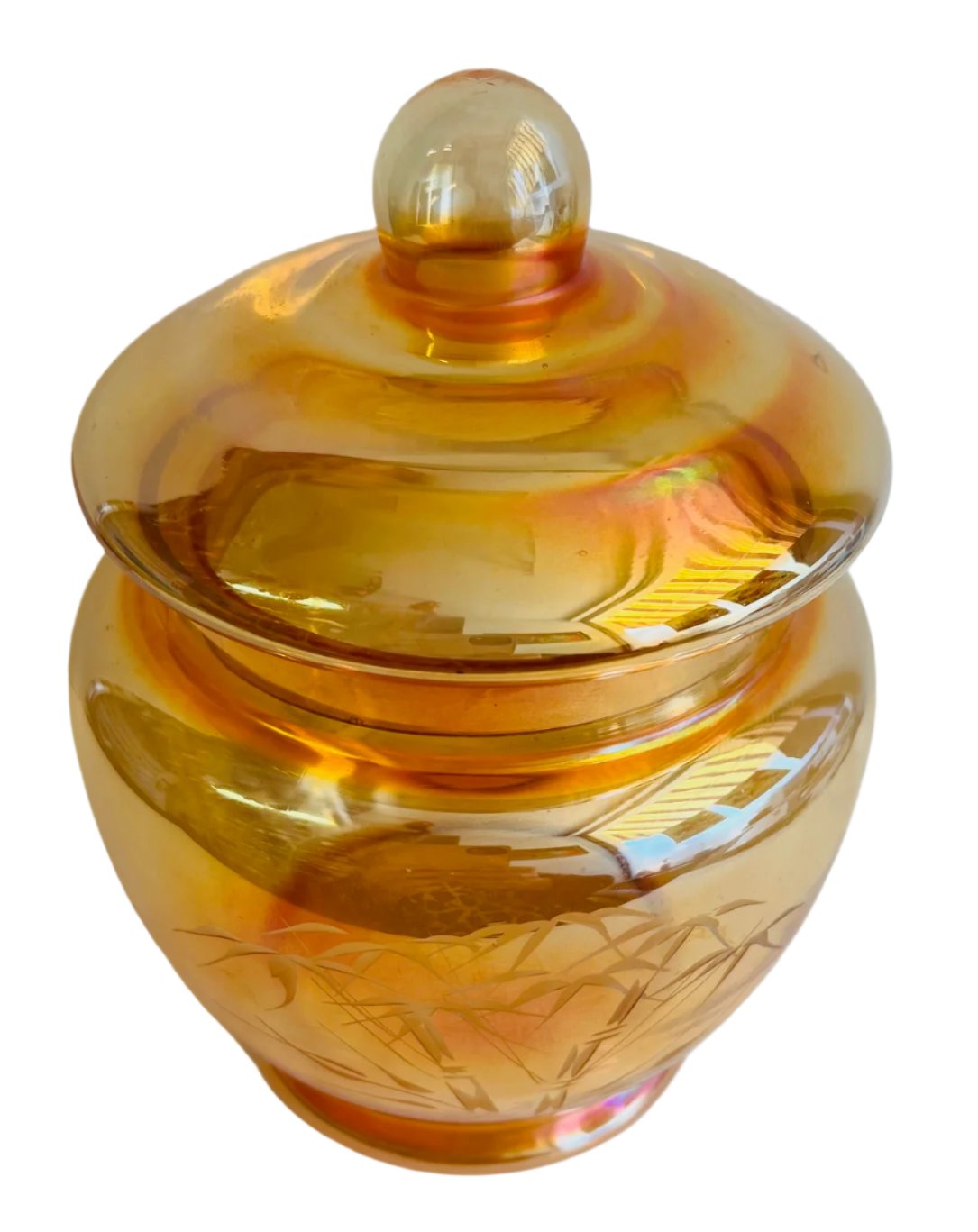 Marigold Carnival Glass Candy Dish with Lid