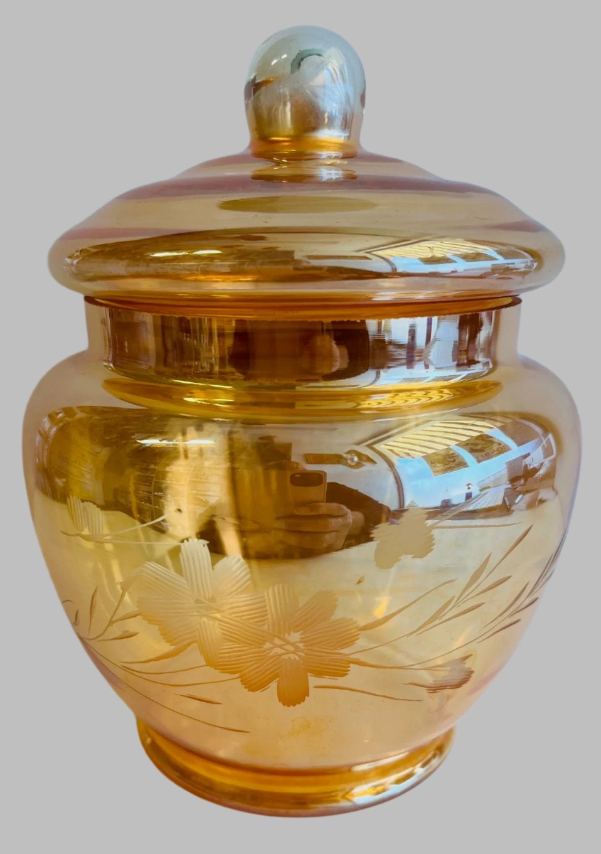 Marigold Carnival Glass Candy Dish with Lid (Flower Etching)