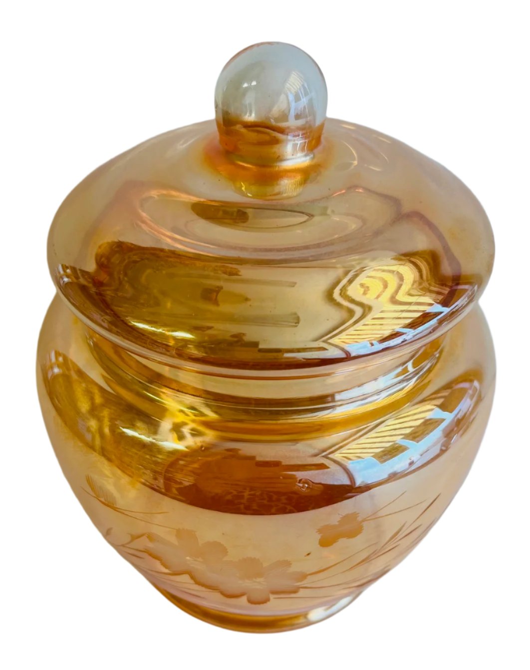 Marigold Carnival Glass Candy Dish with Lid (Flower Etching)