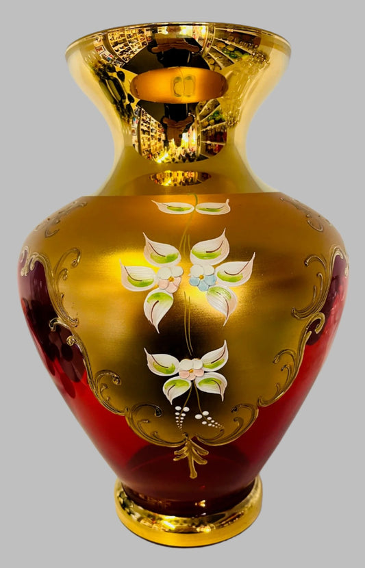 Murano Italy Art Glass Ruby Red with 24K Gold Trim & Enamel Flowers