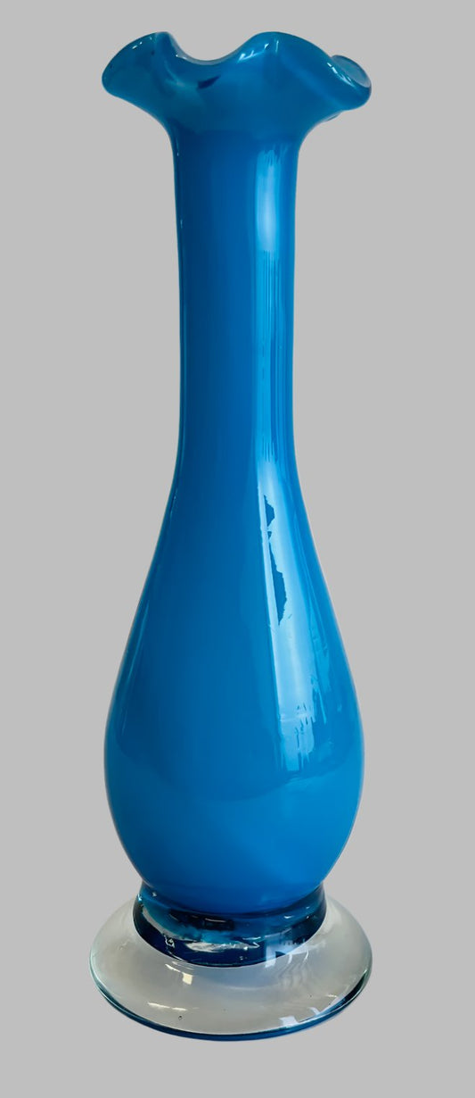 Sky Blue Ruffled Edge Bud Hand Blown Vase