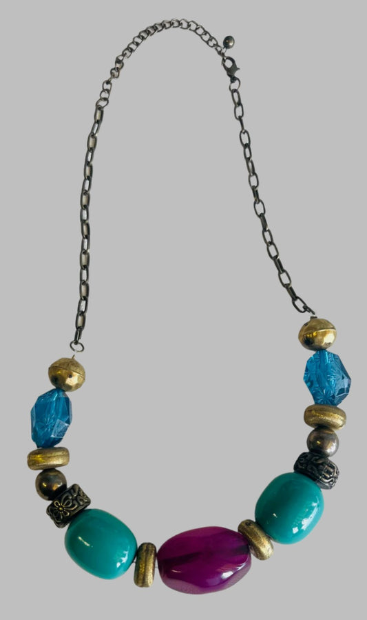 Amethyst, Teal And Bronze Glass Bead Necklace