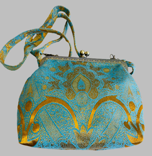 Handmade Gold and Blue Brocade Purse