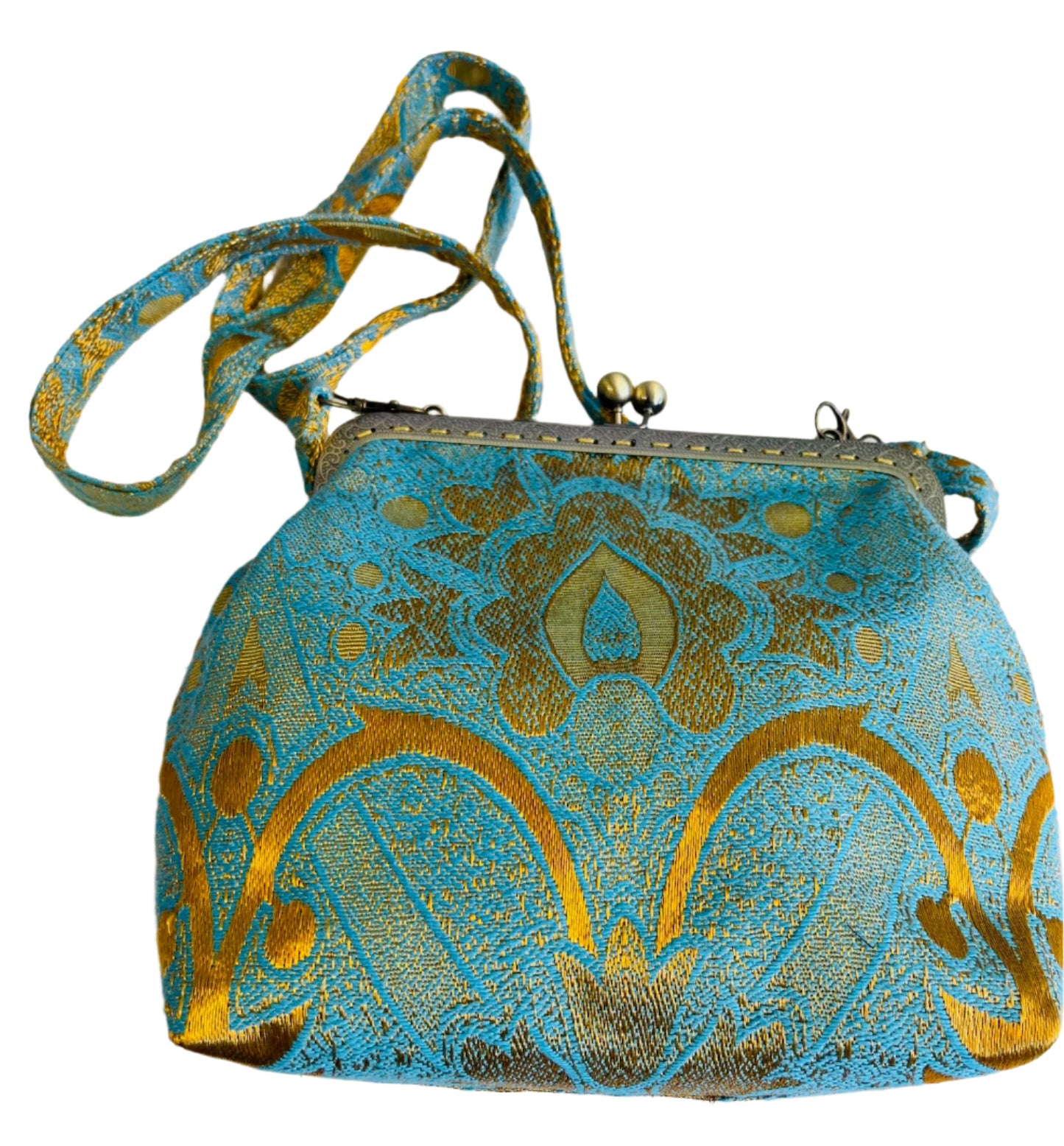 Handmade Gold and Blue Brocade Purse