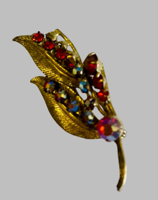 Sparkling Red Aurora Borealis And Rhinestone Vintage Brooch